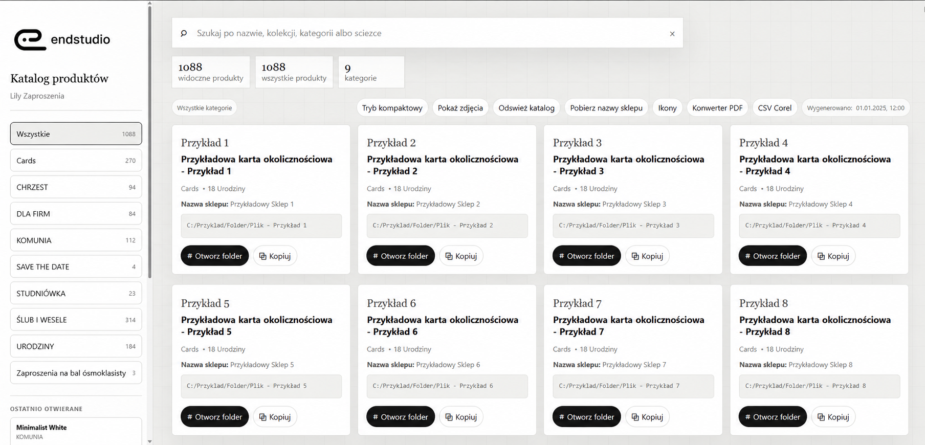 Product catalog panel with search, category filters and four columns of sample product cards.