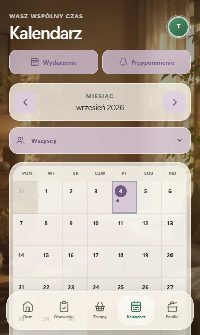 Wspólny Dom mobile calendar with monthly grid and event controls.