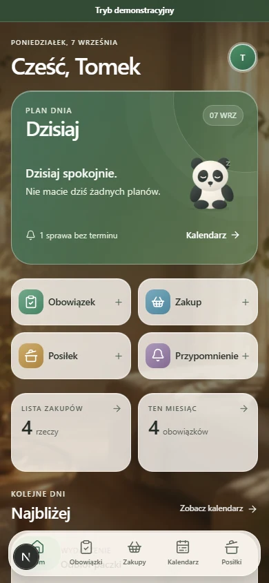 Wspólny Dom demo home screen with today’s plan and quick household actions.