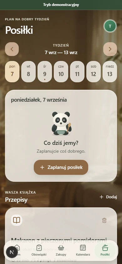 Wspólny Dom demo meal planner with weekly days and recipe card.